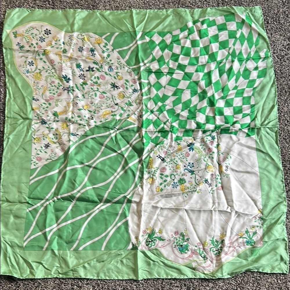 GUMPS 100% Silk Scarf Green White Floral Checkerboard Luxury Scarf